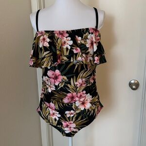 Kona Sol Women's Bandeau Flounce Front Ruched One Piece Swimsuit | Floral | XL